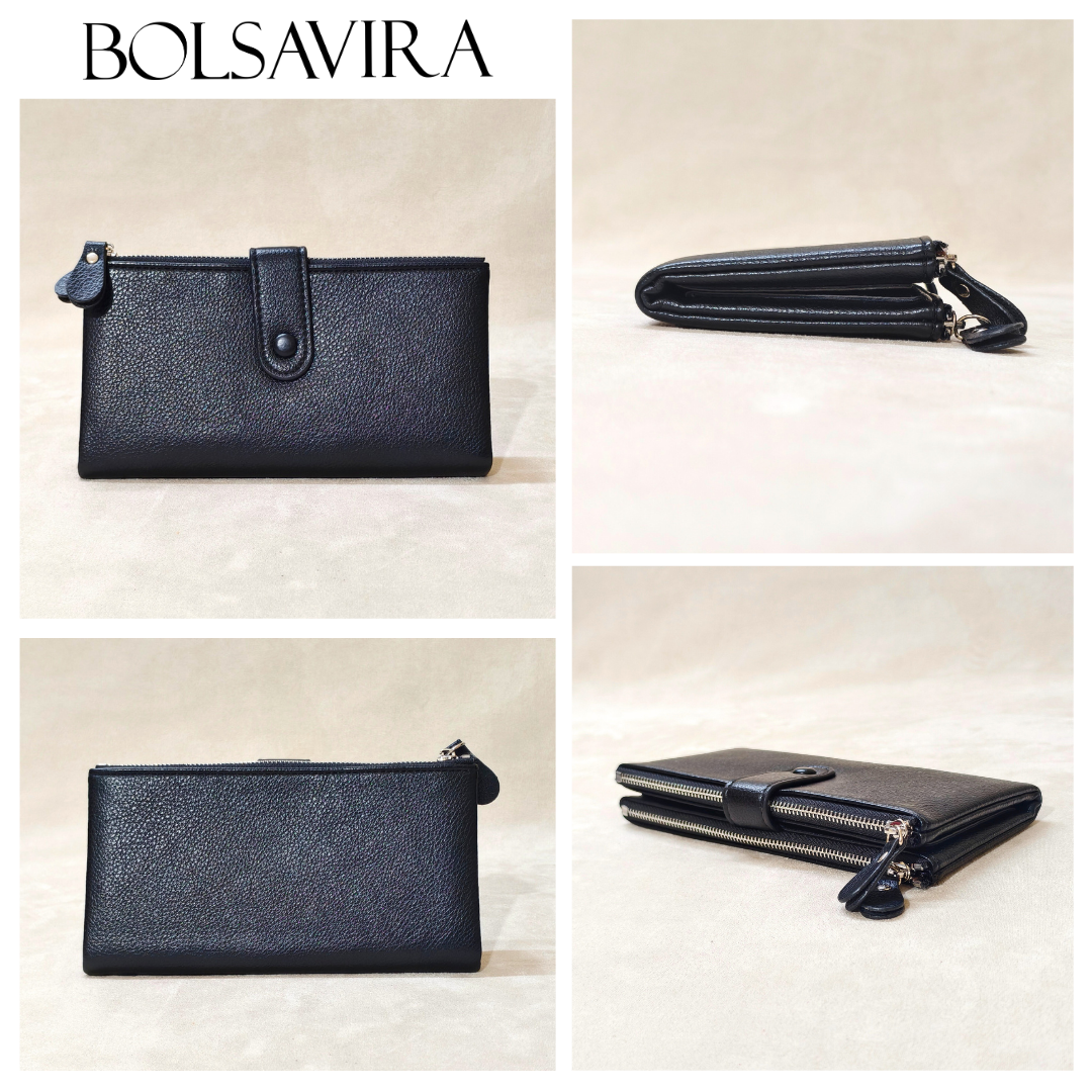 Black wallet displayed from multiple angles with BOLSAVIRA branding.