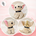 Three circular insets of a plush dog toy with a black collar on a pink background.