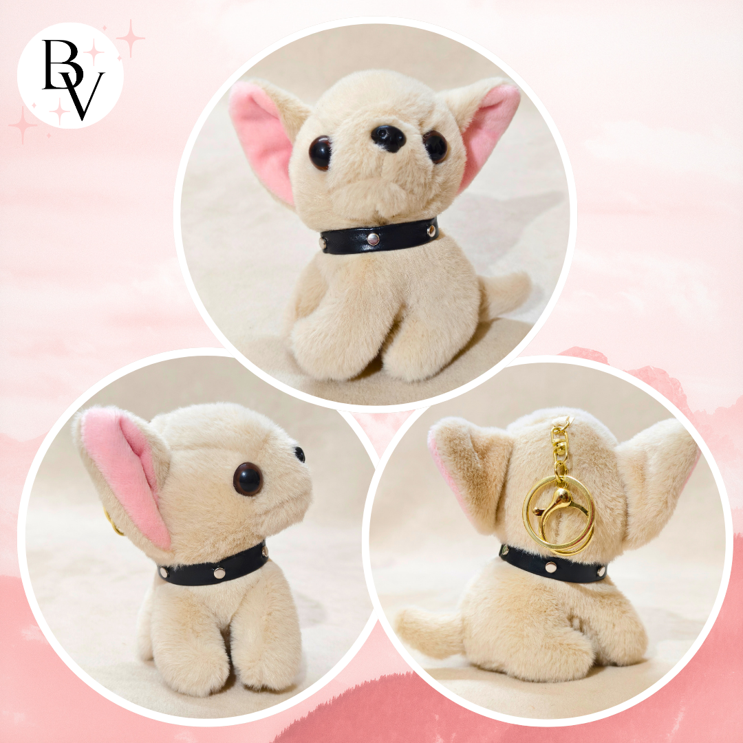 Three circular insets of a plush dog toy with a black collar on a pink background.