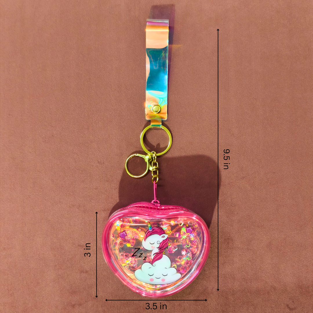 Keychain with unicorn design and measurements on a brown background