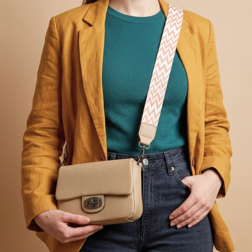 Person wearing a mustard jacket, teal shirt, and blue jeans holding a beige handbag with a patterned strap.