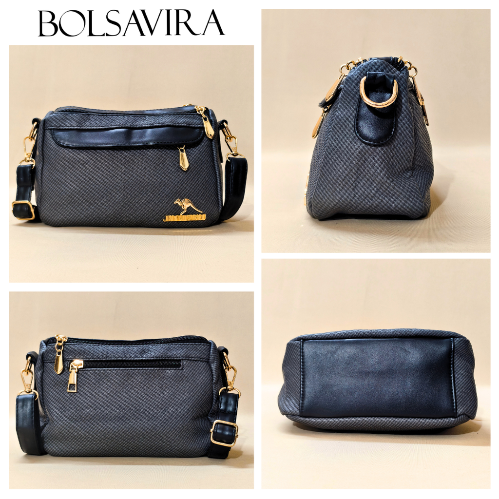 Collage of a blue handbag with gold accents by Bolsavira on a beige background