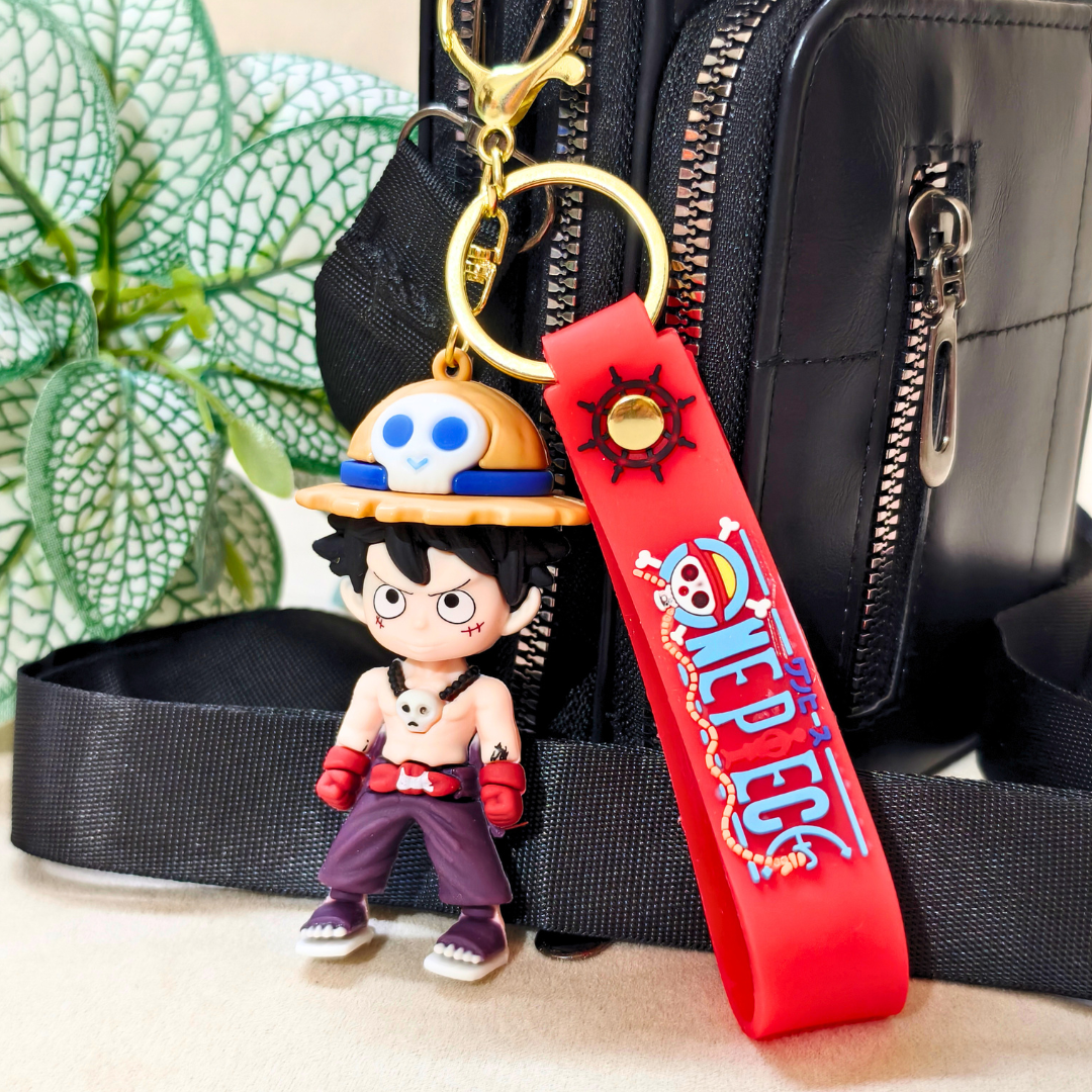 Buff Luffy Keyring Attached With Purse As Bag Charm On Beige Background.