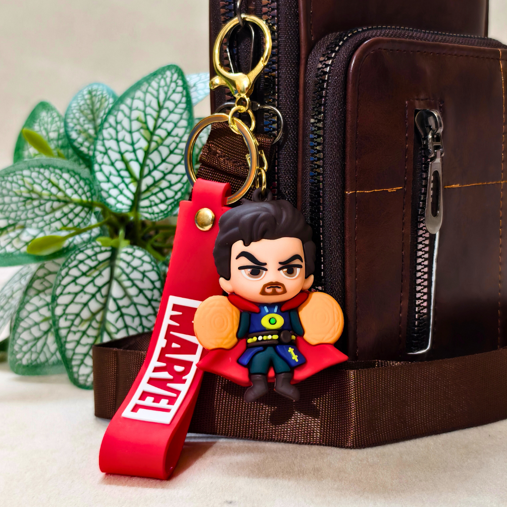 Dr Strange Keyring Attached With Purse As  Bag Charm On  Beige Background.