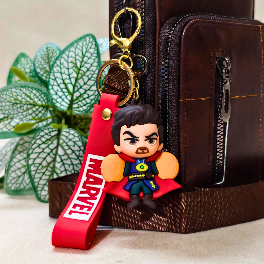 Dr Strange Keyring Attached With Purse As  Bag Charm On  Beige Background.