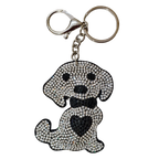 A dog-shaped keychain embellished with rhinestones, featuring a silver-tone clasp and split ring, set against a plain white background.