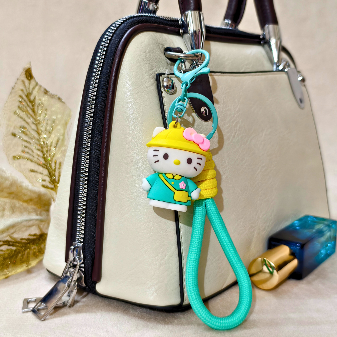 Keychain with cartoon character attached to a handbag