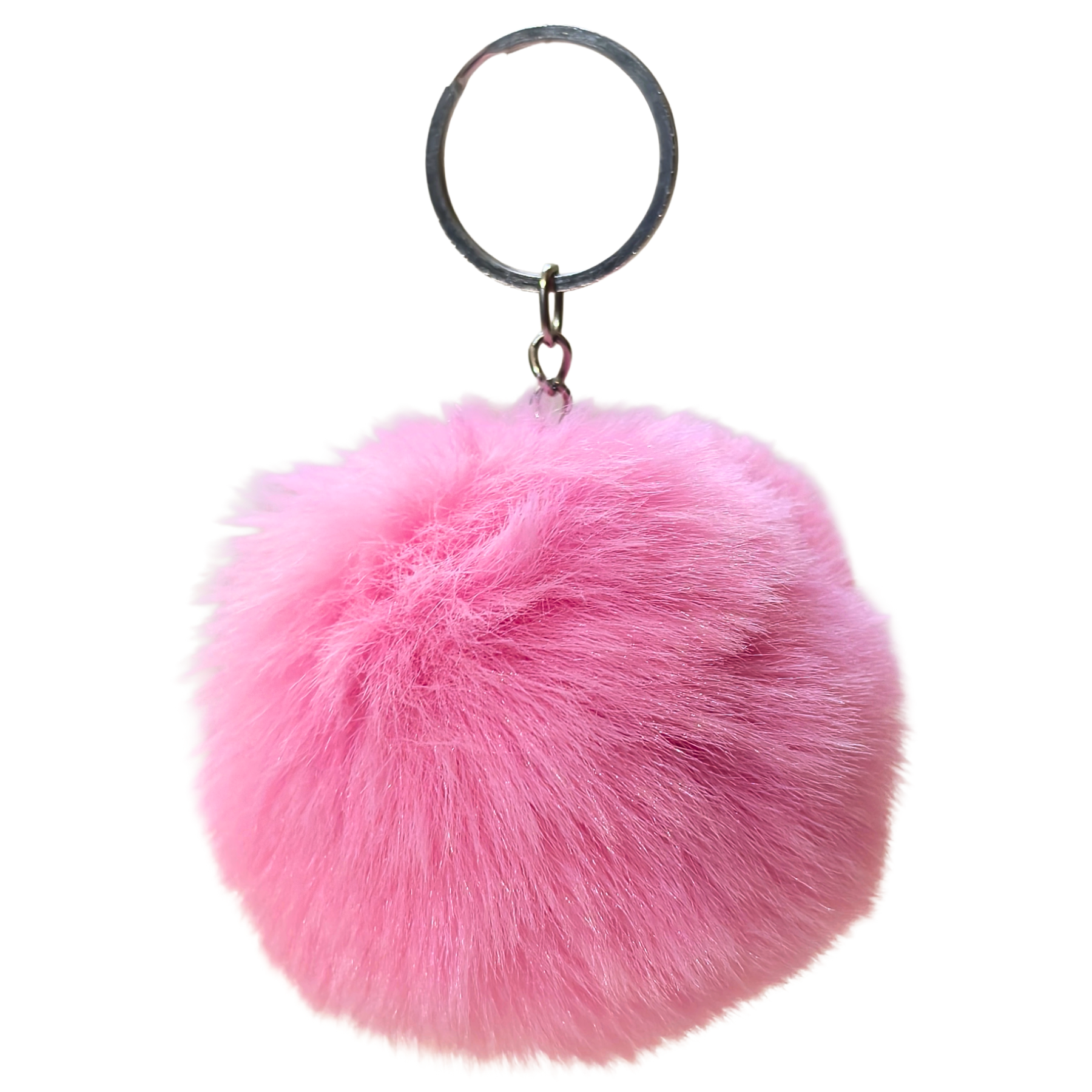 Pink fluffy keychain on a white background