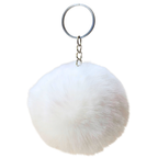 White fluffy pom-pom keychain on a white background