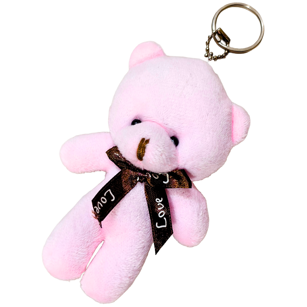 A small pink plush teddy bear keychain with a brown ribbon bow printed with the word 'Love' and a metal key ring, shown on a plain white background.