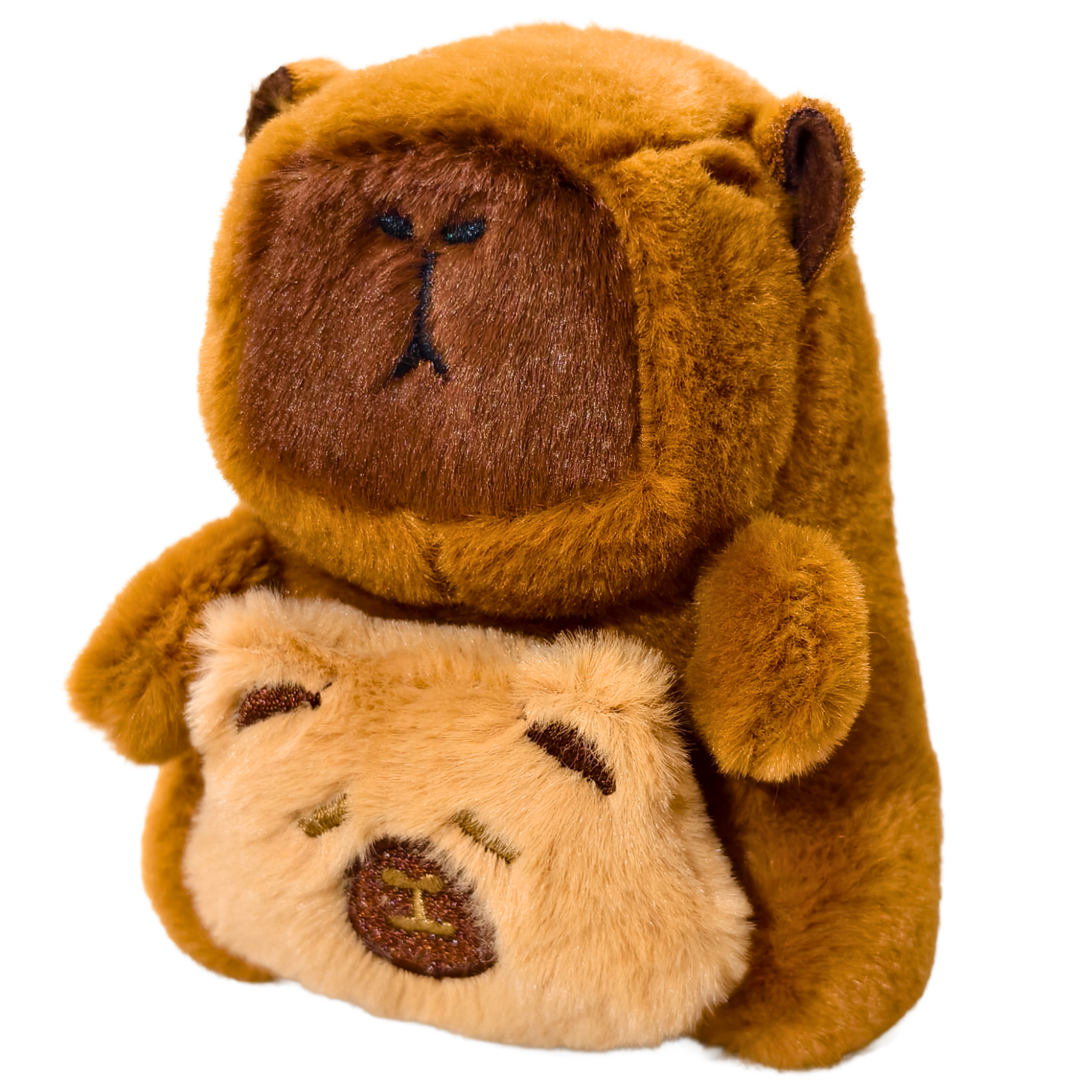 Two plush bears, one brown and one beige, on a white background