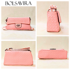 Collage of pink quilted bags and pouches with BOLSAVIRA branding.