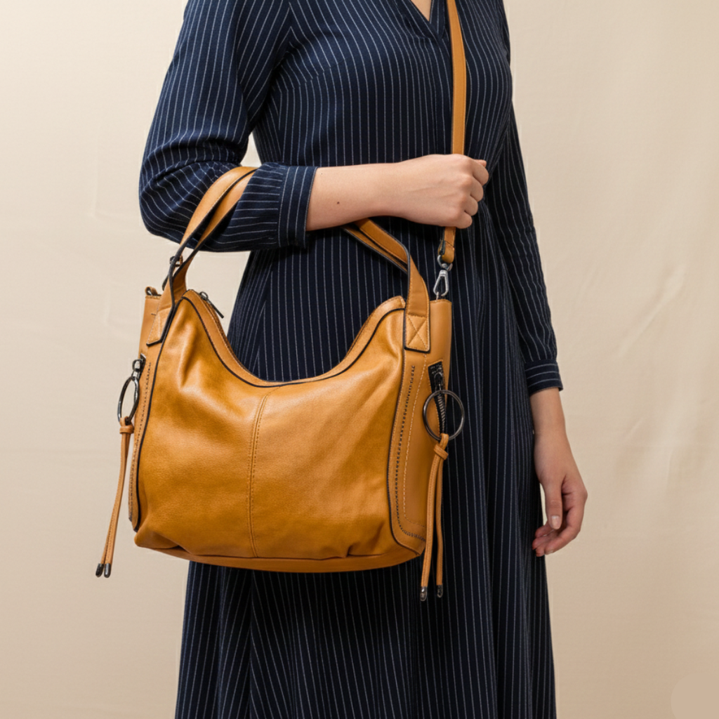 Person holding a tan leather handbag against a beige background