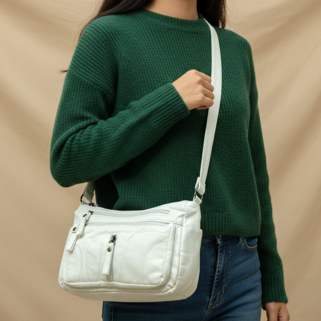 Person wearing a green sweater holding a white crossbody bag against a beige background