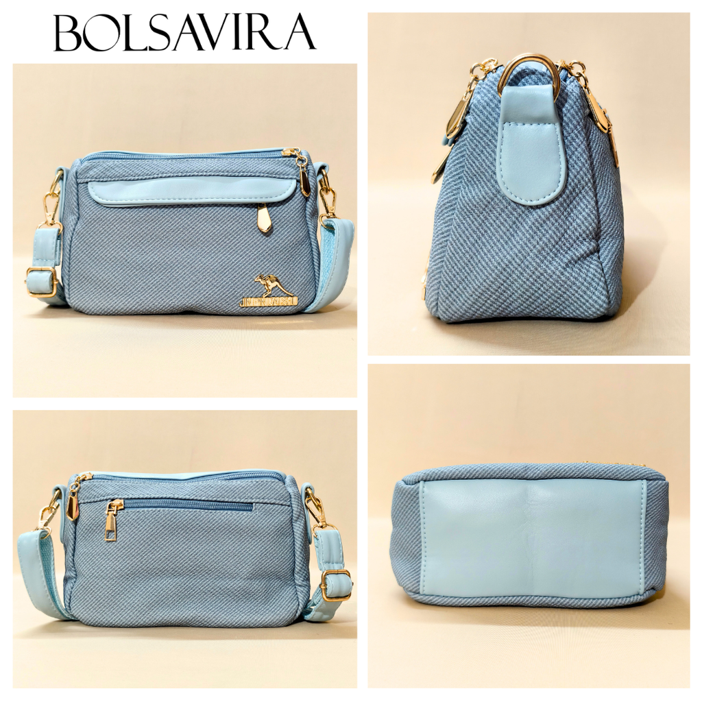 Collage of a blue handbag with gold accents by Bolsavira on a beige background