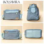 Collage of a blue handbag with gold accents by Bolsavira on a beige background