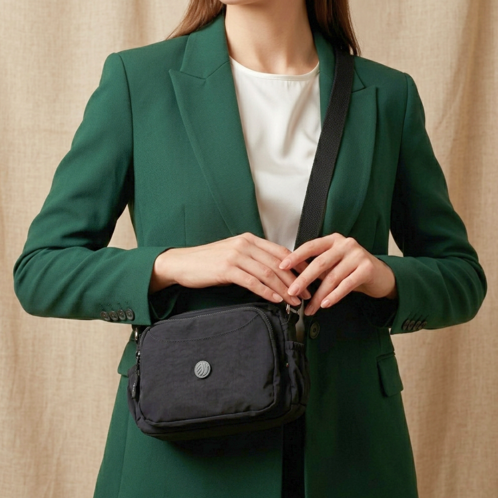 Person wearing a green blazer holding a black crossbody bag against a beige background