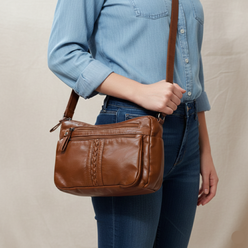 Person wearing a brown leather handbag with a neutral background