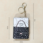 Rectangle Bag Black Pocket Mirror  With Measurements On  Beige Background.