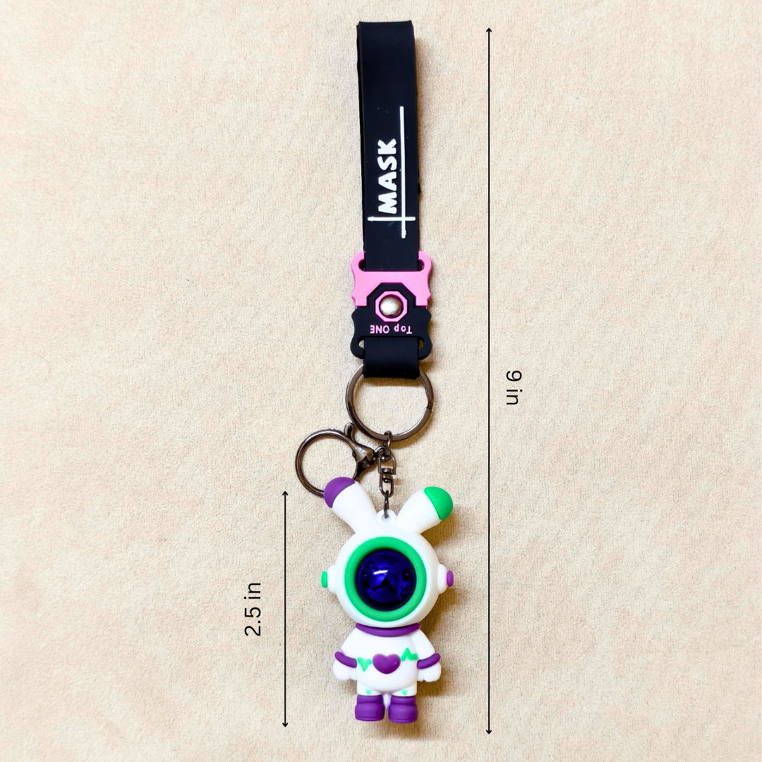 Bunny Astronaut Keyring With Measurements On Beige Background