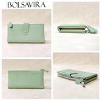 Collage of a green wallet with different angles on a light beige background, featuring the brand 'Bolsavira'.