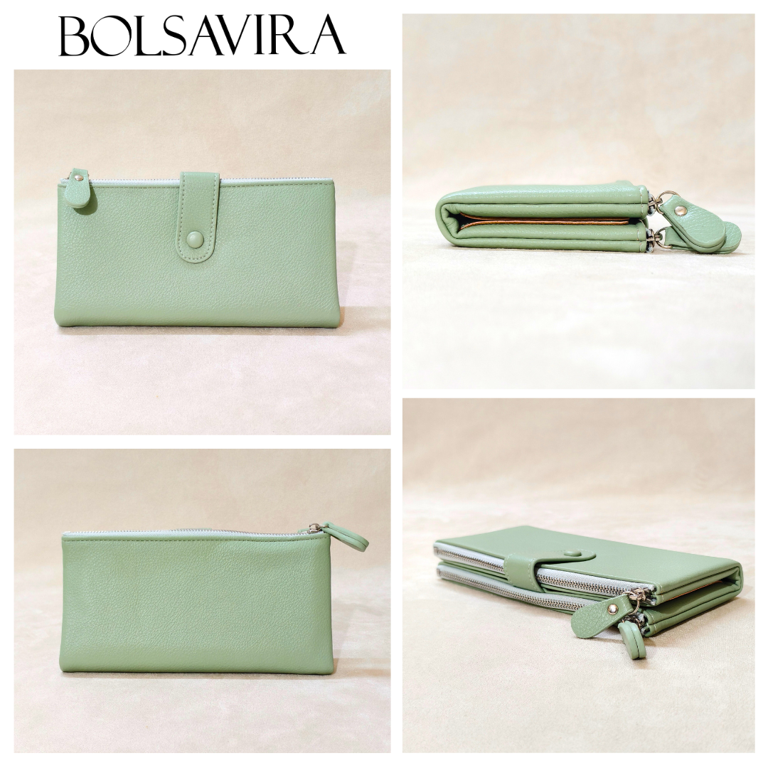 Collage of a green wallet with different angles on a light beige background, featuring the brand 'Bolsavira'.