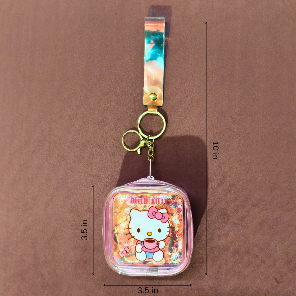 Keychain with Hello Kitty design and measurements on a brown background