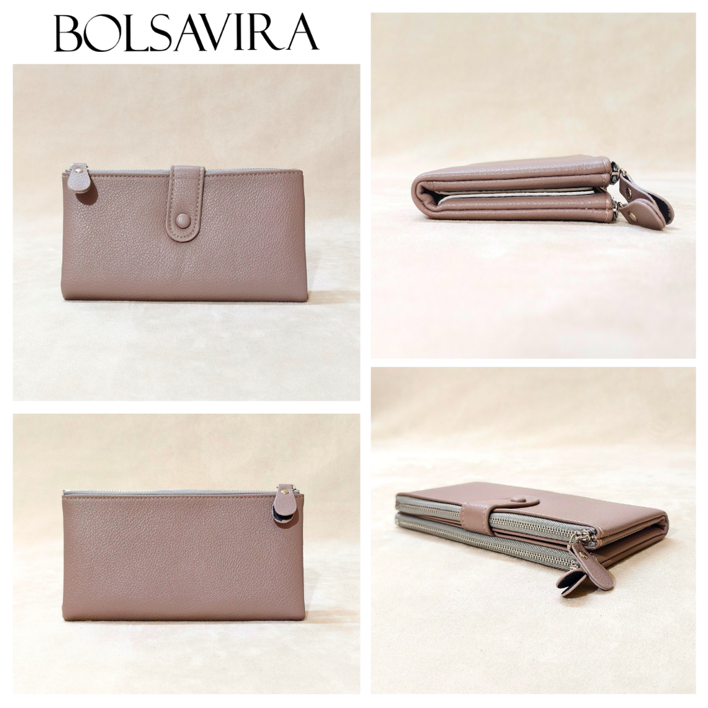 Collage of a beige wallet with visible branding on a light background