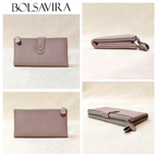 Collage of a beige wallet with visible branding on a light background