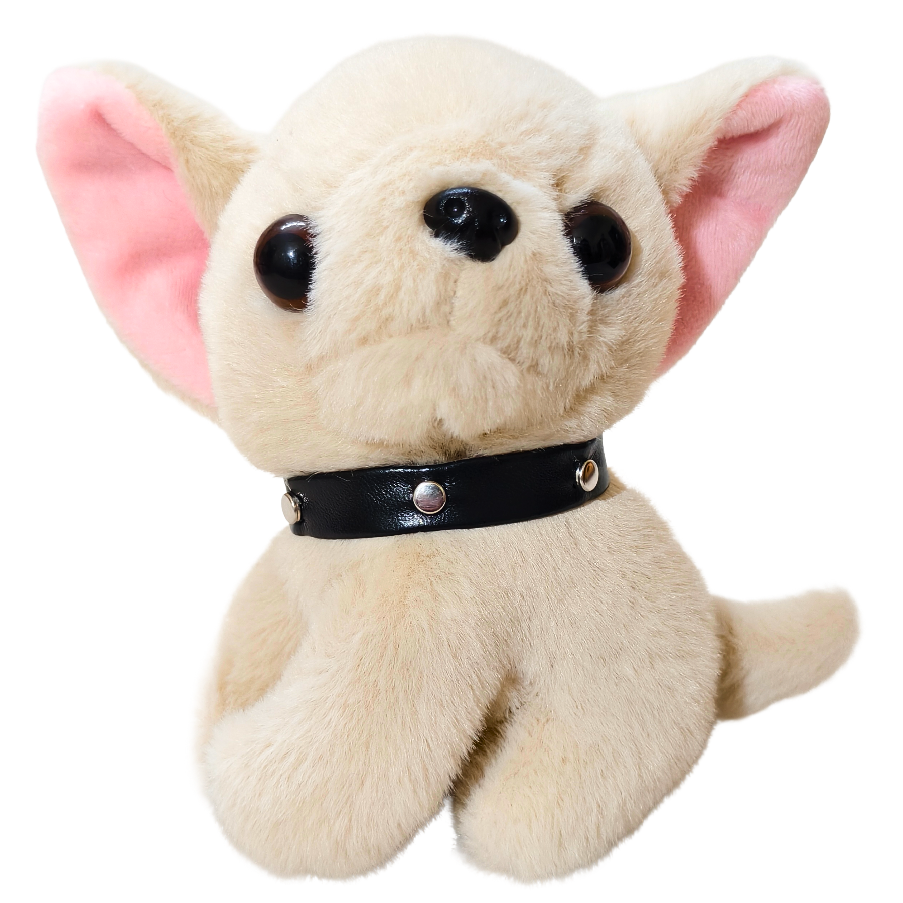 Plush toy resembling a dog with a black collar on a white background