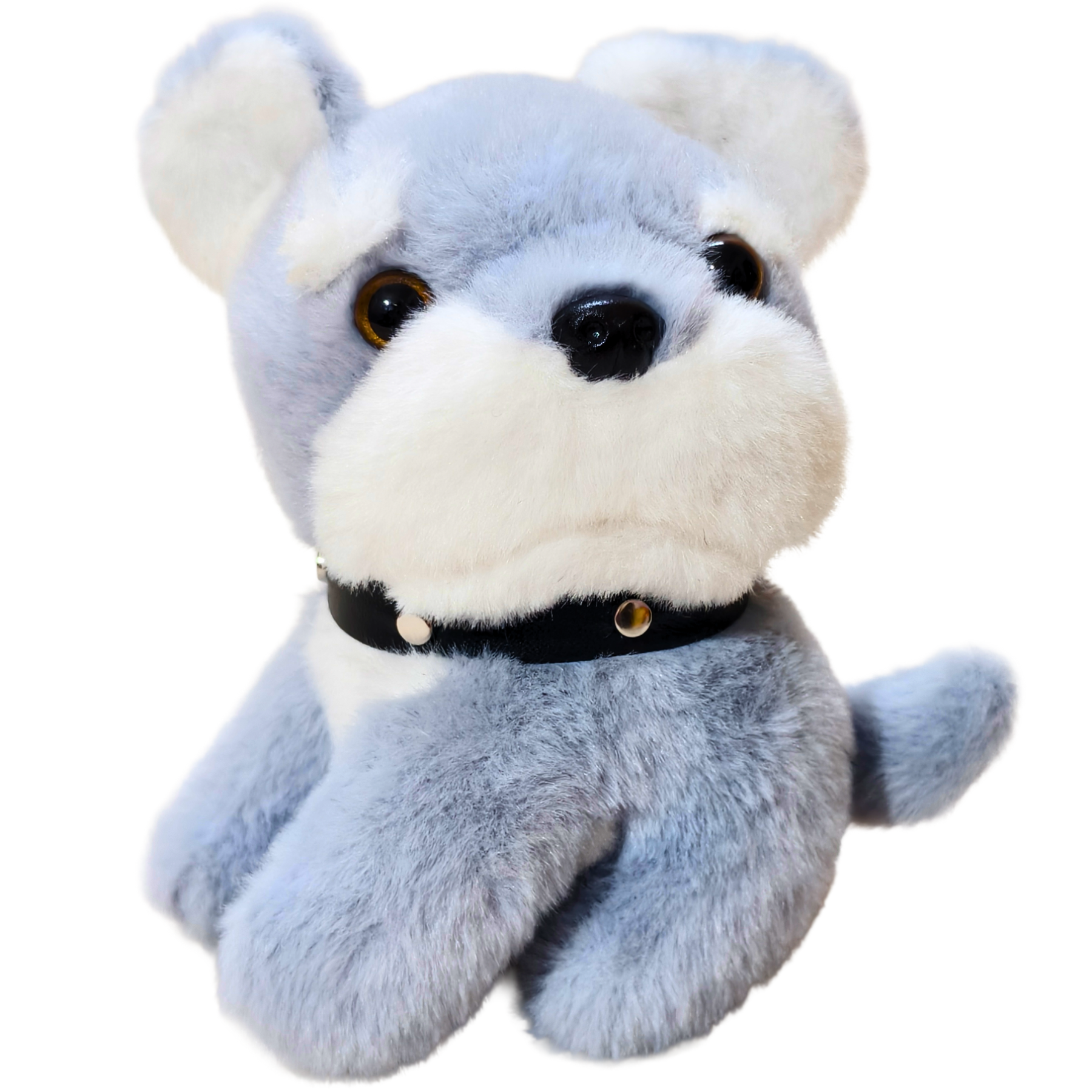 Plush toy bear with a black collar on a white background