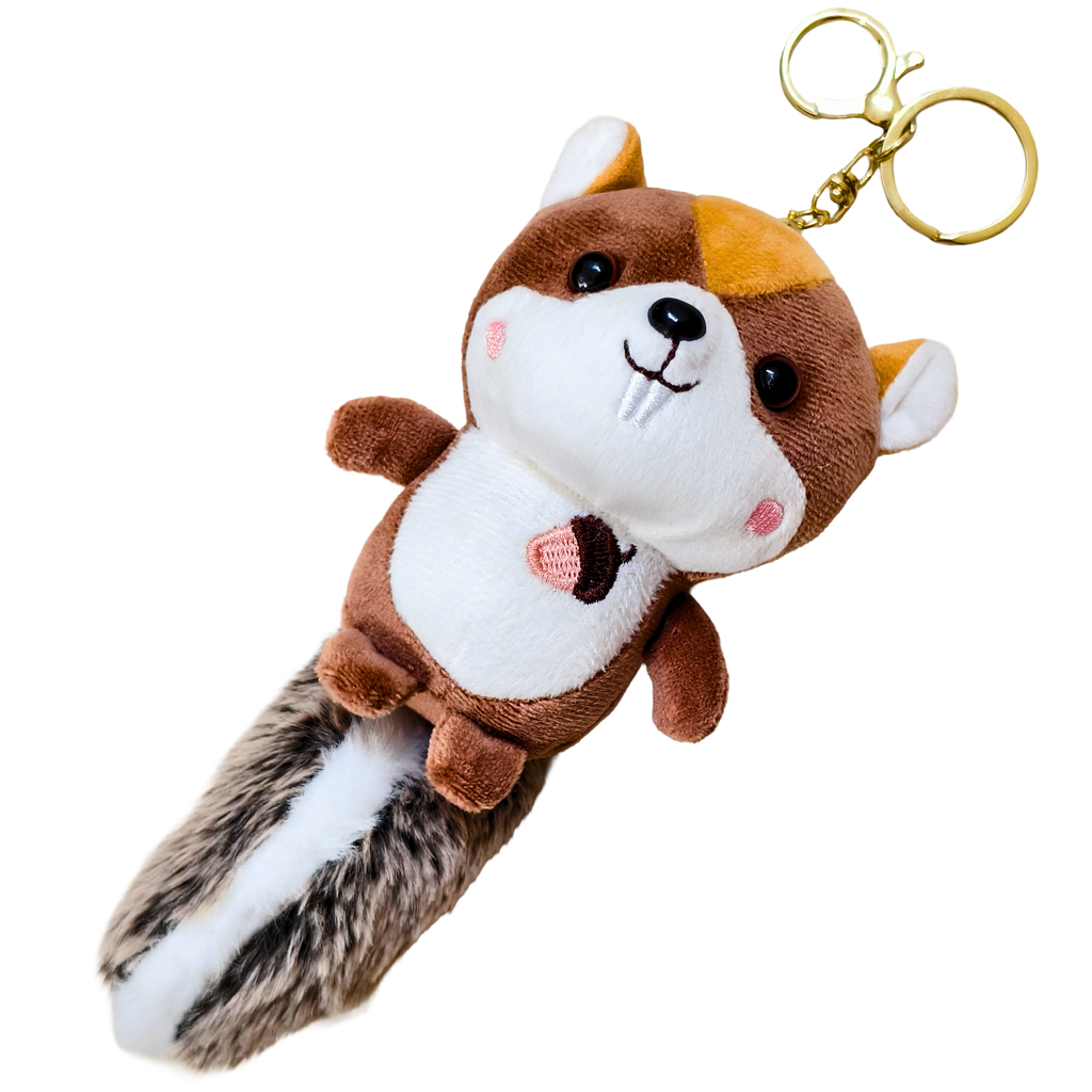 Plush squirrel keychain with a gold ring on a white background
