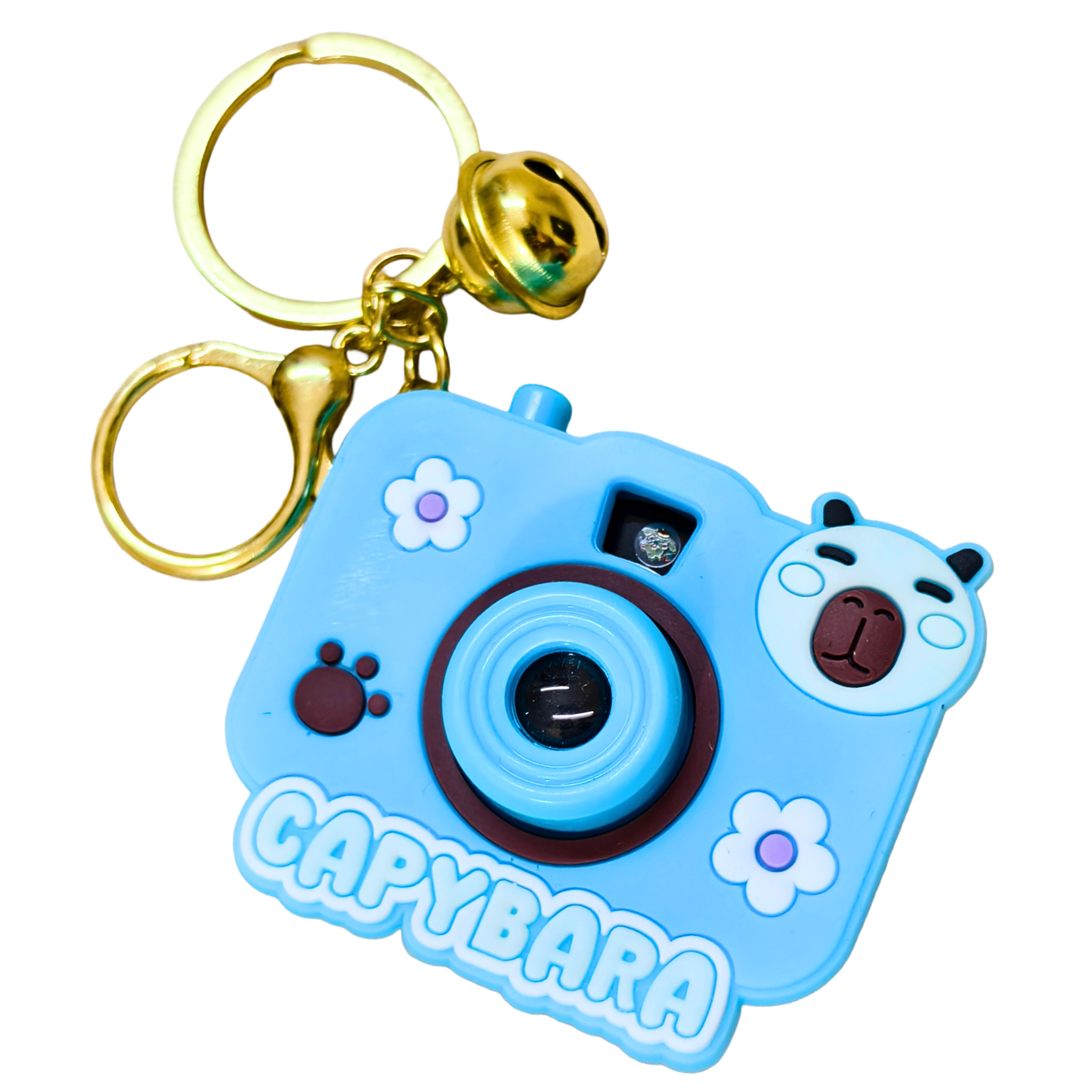 Blue capybara-shaped camera keychain with a bell on a white background