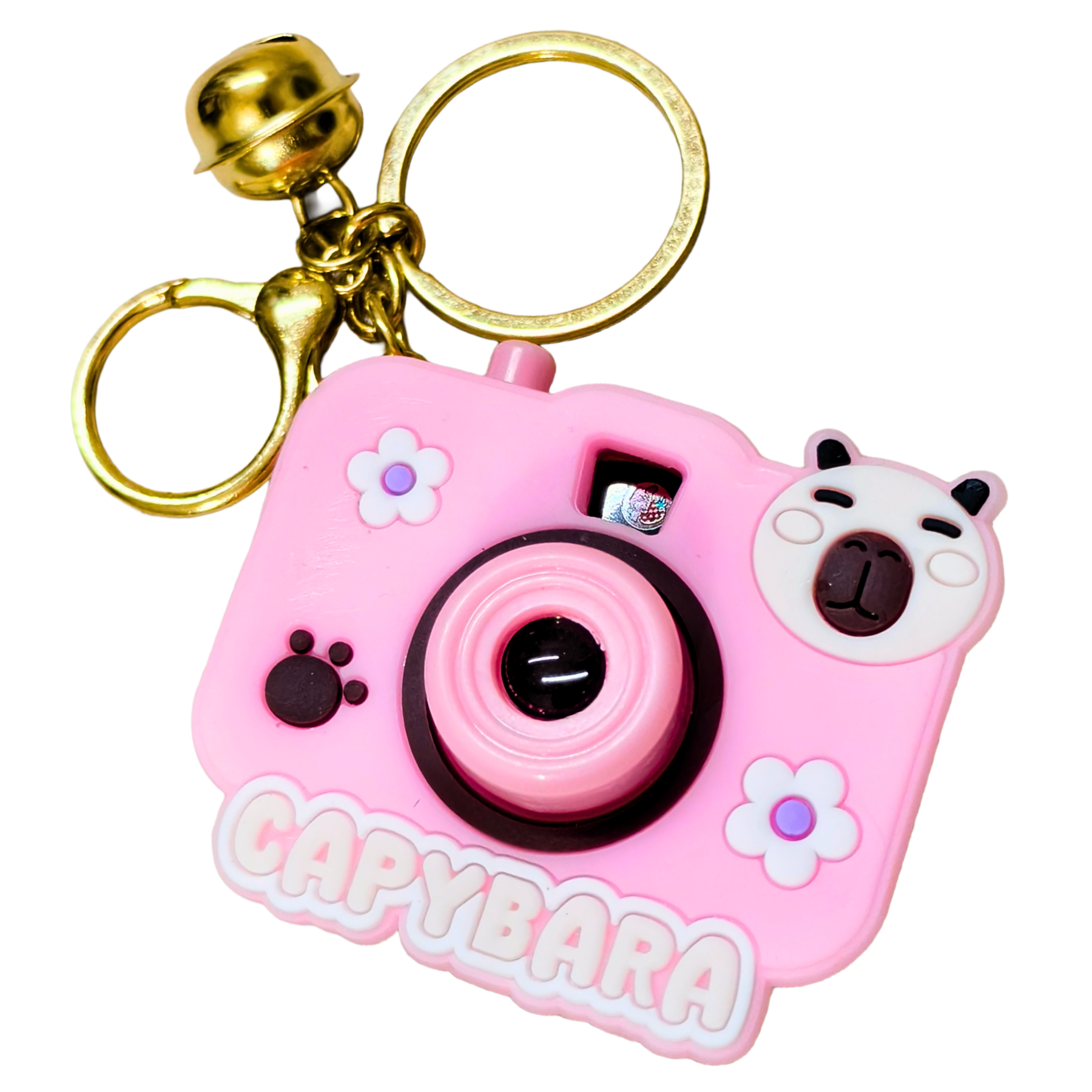 Pink camera-shaped keychain with a bell on a white background