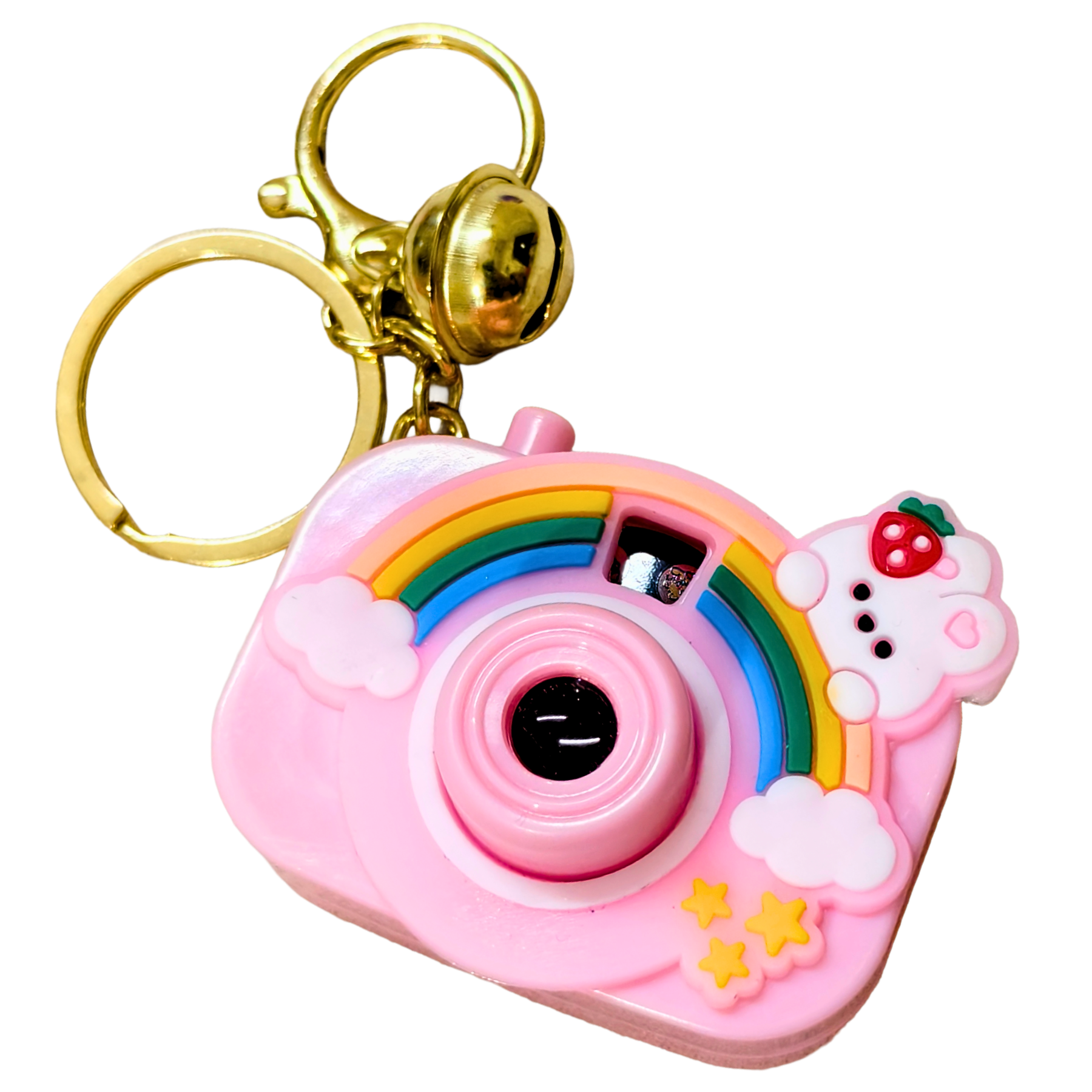 Pink camera-shaped keychain with rainbow design on a white background