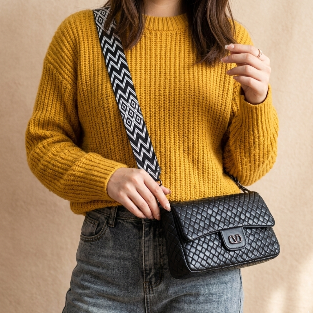 Person wearing a mustard yellow sweater with a black and white zigzag strap, holding a black handbag against a beige background.