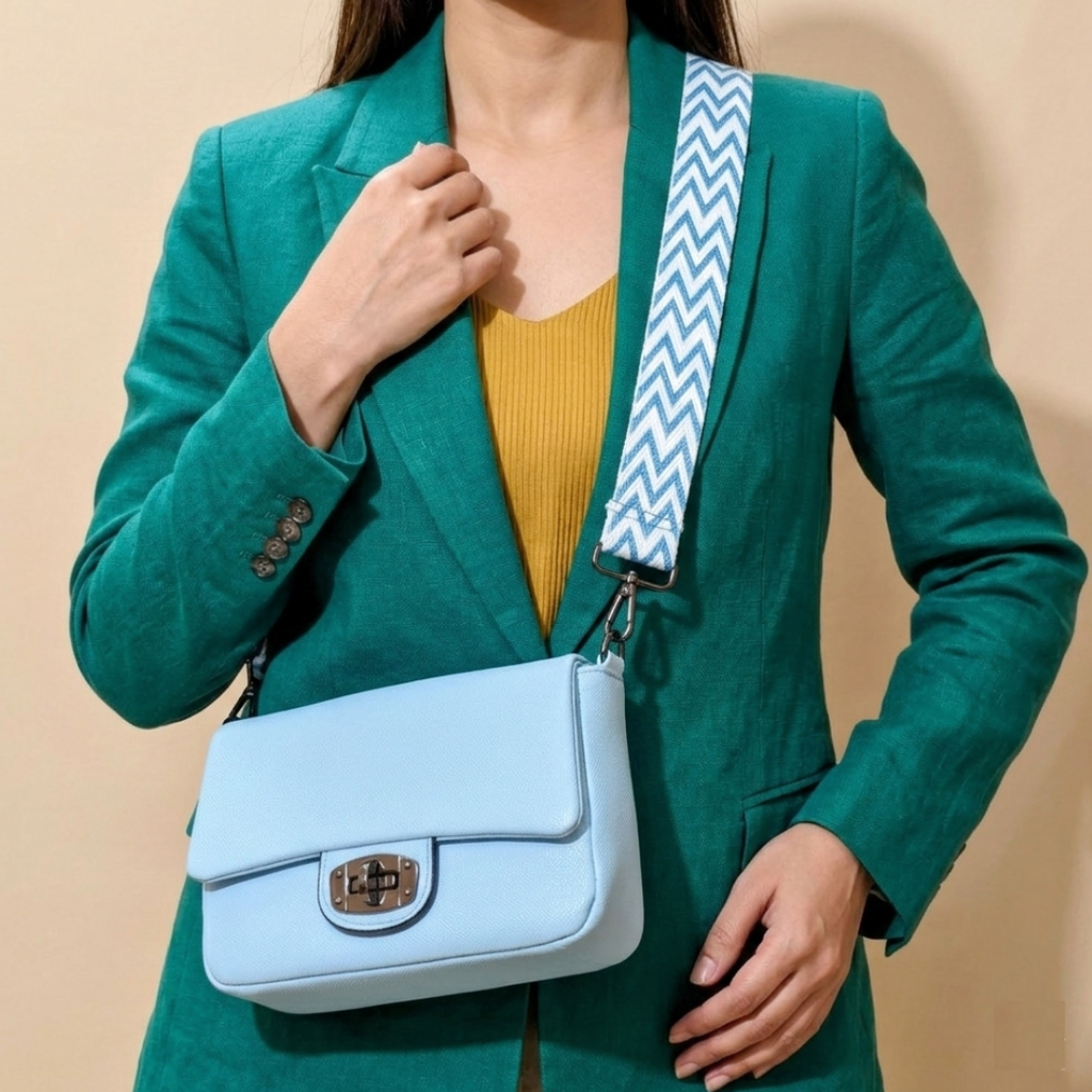 Person wearing a teal blazer with a light blue handbag featuring a zigzag strap.