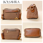 Collage of brown handbags with visible BOLSAVIRA branding on a beige background