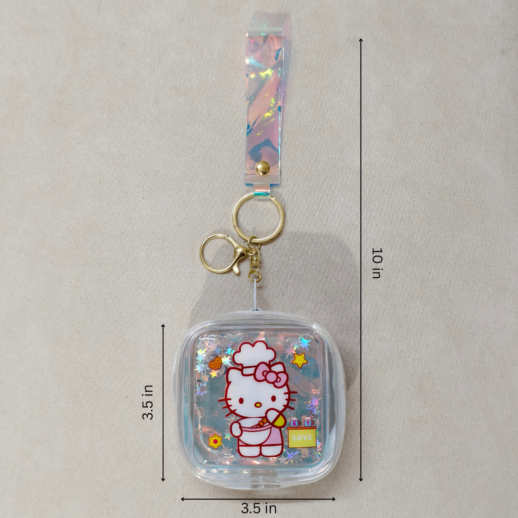 Clear case keychain with cartoon character design, measurements indicated, on a neutral background
