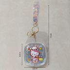 Clear case keychain with cartoon character design, measurements indicated, on a neutral background