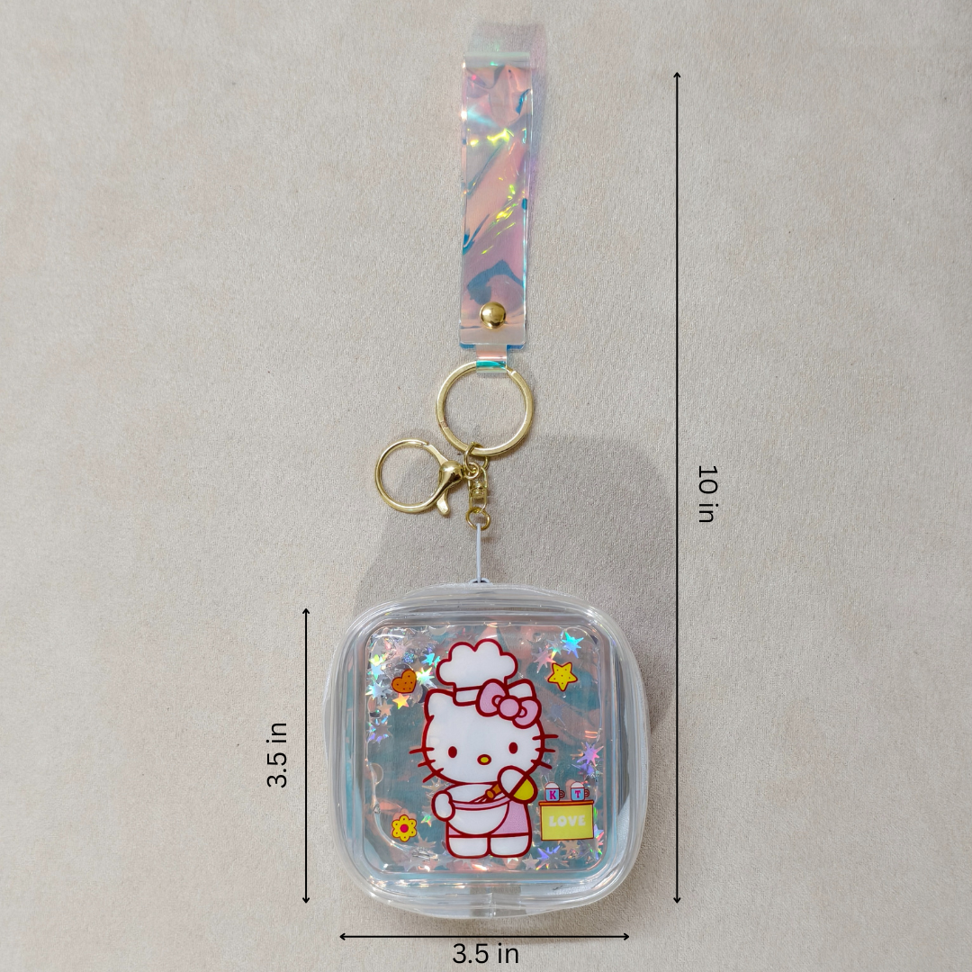 Clear case keychain with cartoon character design, measurements indicated, on a neutral background