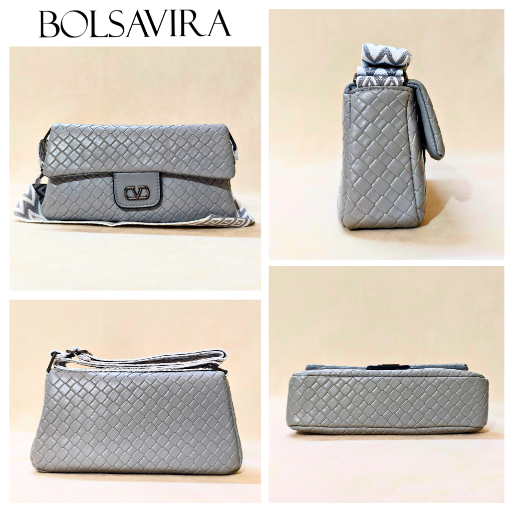 Collage of a gray quilted handbag with different angles on a beige background, featuring the brand 'Bolsavira'.