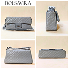 Collage of a gray quilted handbag with different angles on a beige background, featuring the brand 'Bolsavira'.