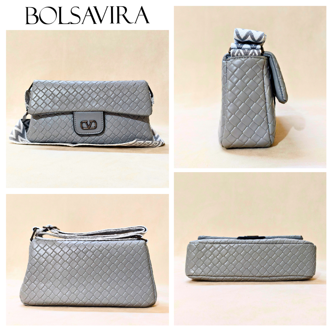 Collage of a gray quilted handbag with different angles on a beige background, featuring the brand 'Bolsavira'.