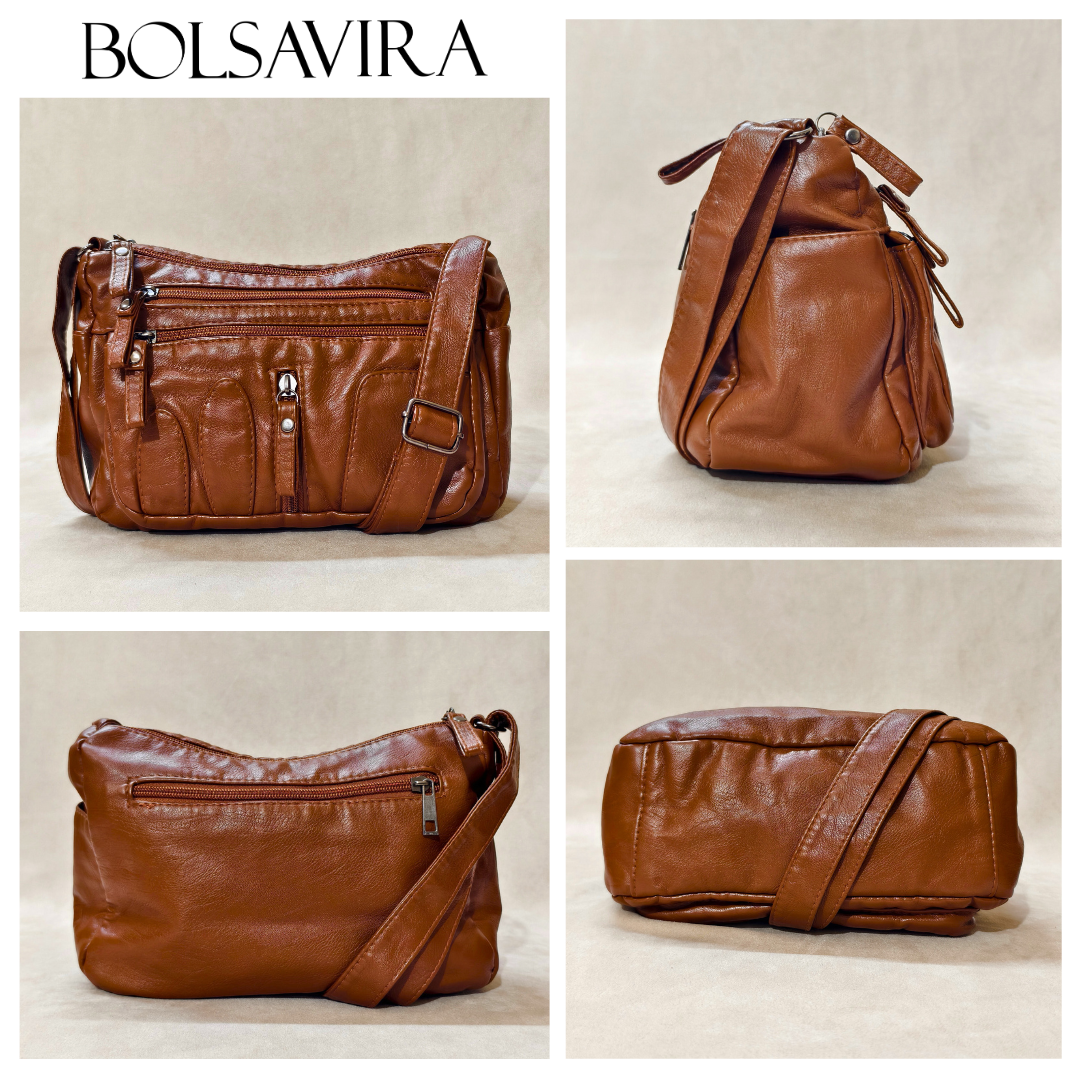 Collage of brown leather bags with BOLSAVIRA branding.