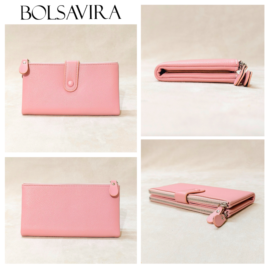 Collage of a pink wallet with different angles on a beige background, featuring the brand 'Bolsavira'.
