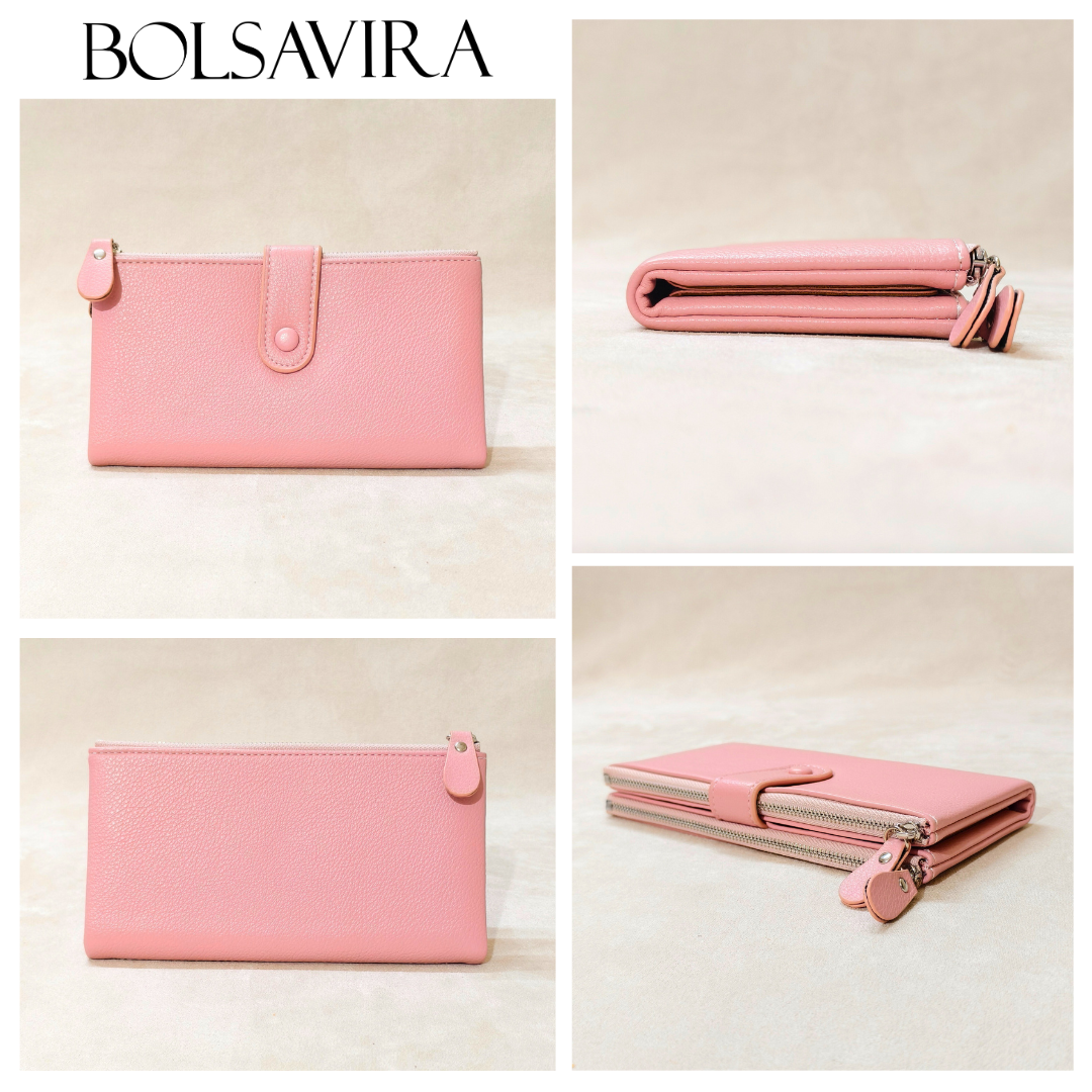 Collage of a pink wallet with different angles on a beige background, featuring the brand 'Bolsavira'.