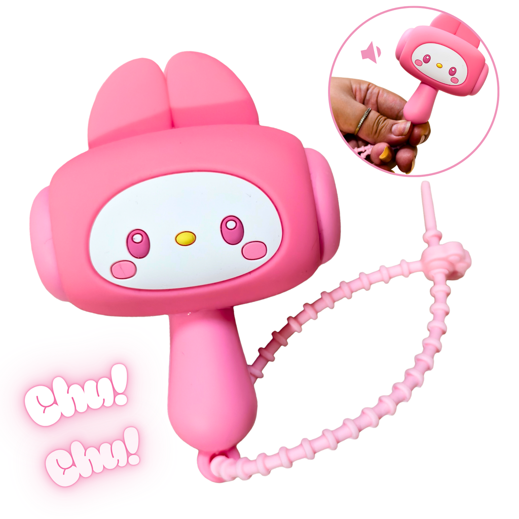 Pink cartoon-style megaphone with a face on a white background