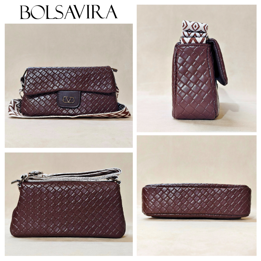 Collage of brown handbags with 'BOLSAVIRA' branding on a beige background