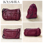 Collage of a burgundy handbag with different angles on a beige background, featuring the brand 'Bolsavira'.